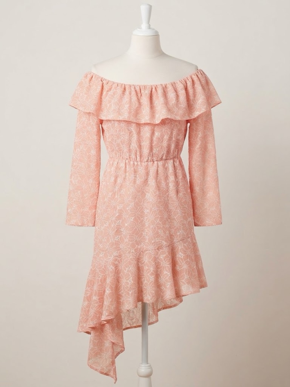 ✨ Kendall + Kylie Peach Floral Off-The-Shoulder Ruffle High-Low Dress